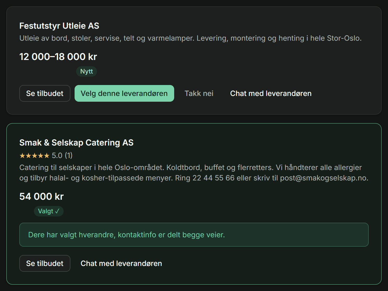 Skjermbilde av tilbudslisten med to tilbud