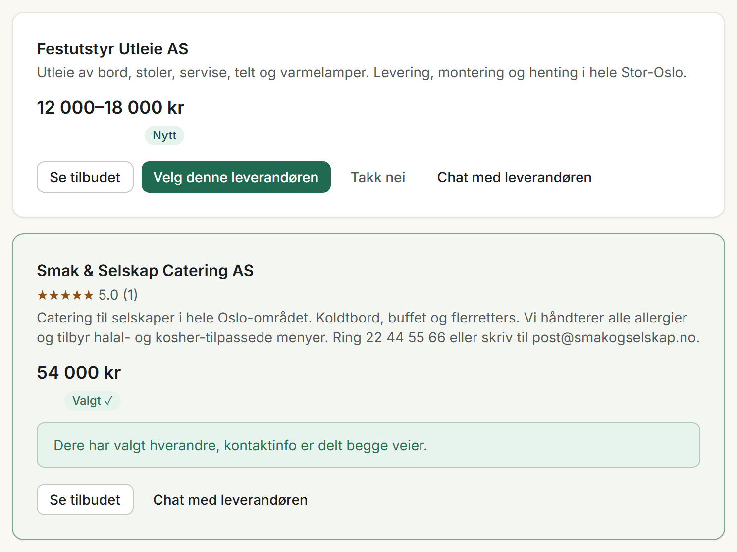 Skjermbilde av tilbudslisten med to tilbud