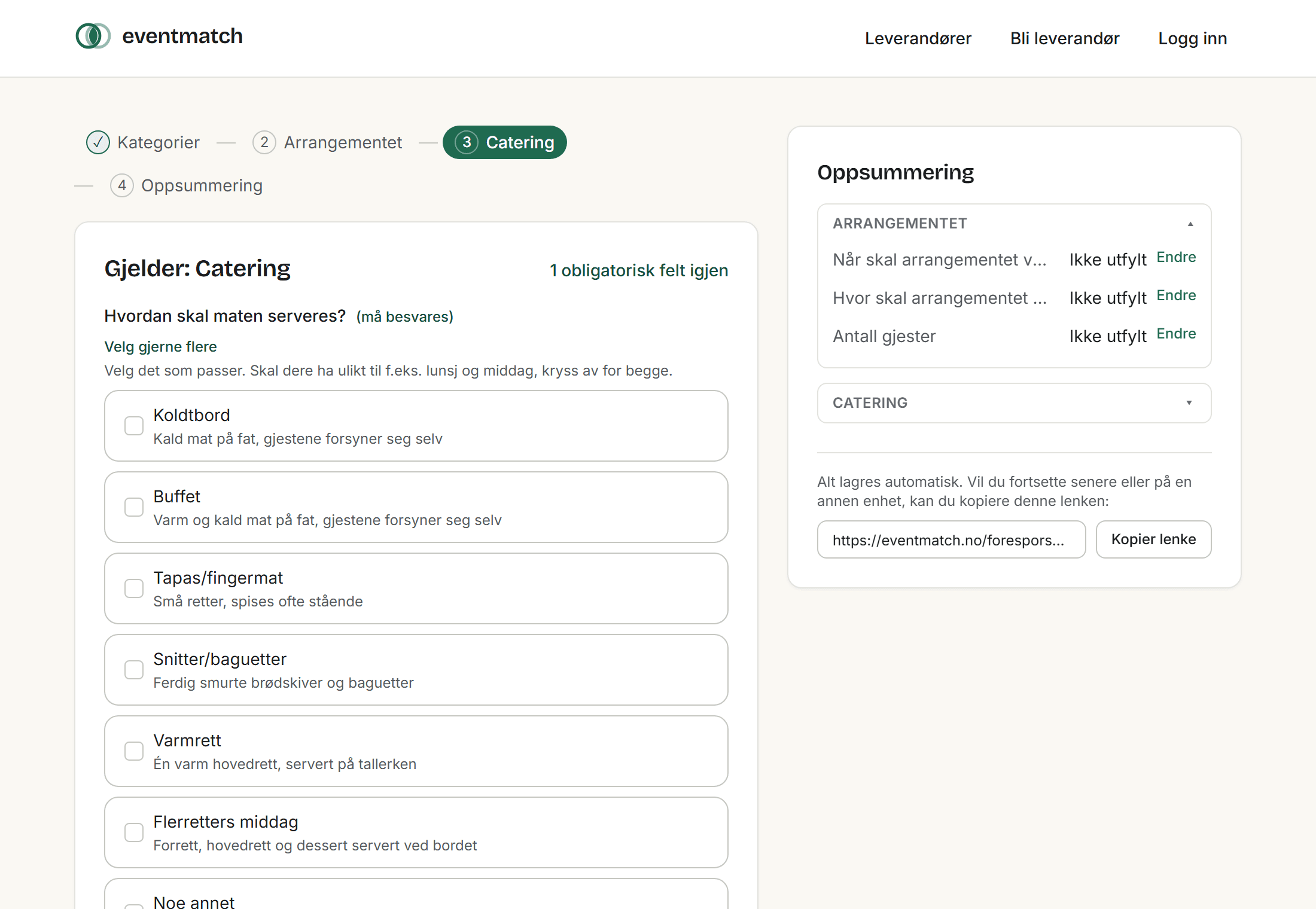 Skjermbilde av veiviseren med spørsmål om catering